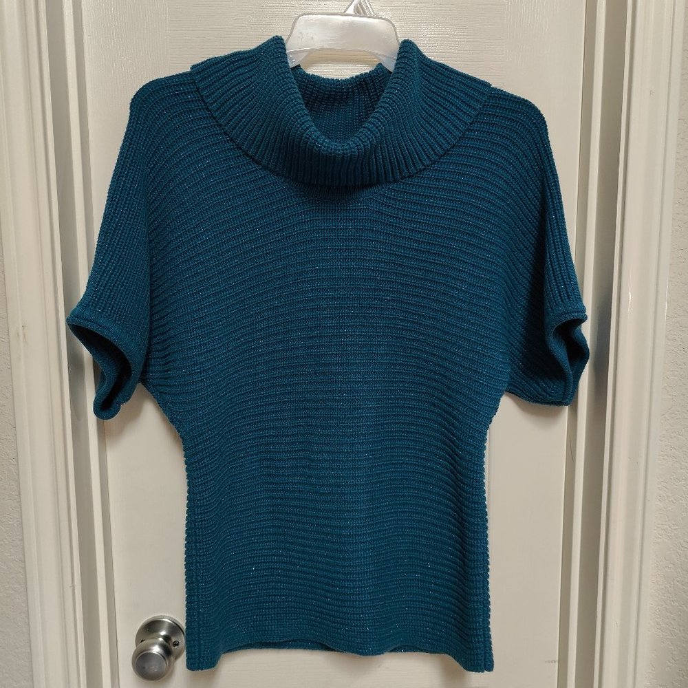 Coldwater Creek Women's Metallic Blue Short Sleeve Cowl Neck Sweater Size S-8